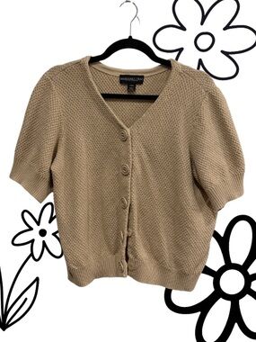 Monterey Bay 100% Cotton Short-Sleeve Button-Front Knit Cardigan in Tan